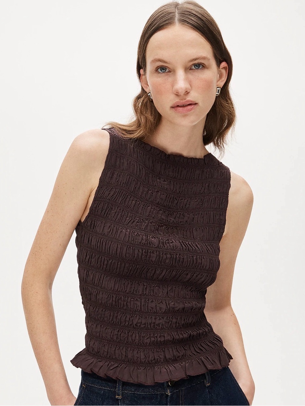 J.Crew Smocked Shell Tank Top Crepe de Chine Chocolate Berry Size M NWT